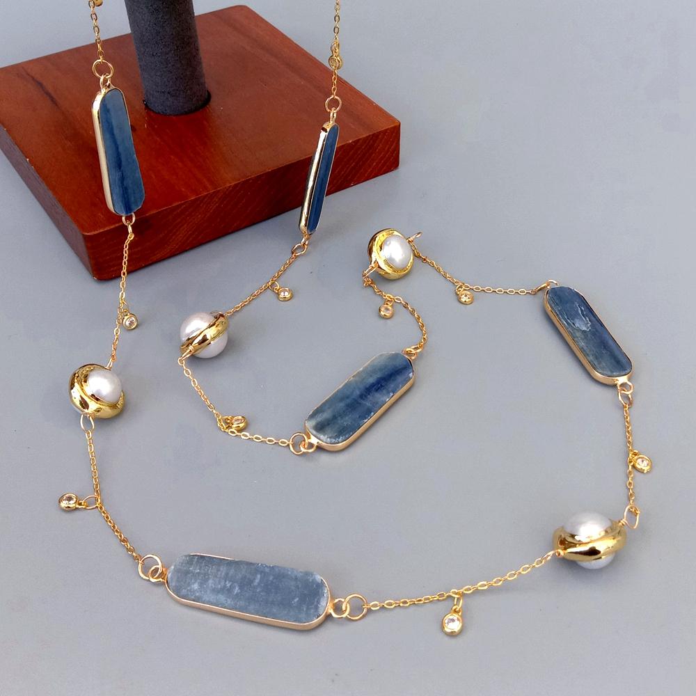 Pearl Trim Chain - YYGEM 12X33Mm Konektor Kyanite Biru Alami
