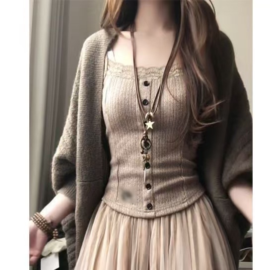 Setelan 3 potong bergaya Korea - Elastic Lace Trim ulasan dan harga